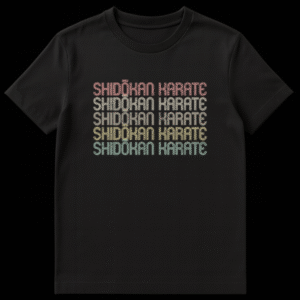 Vintage Shidokan Karate T-Shirt with retro 80s/70s distressed text in a sunset gradient color palette on black background on Black t-shirt