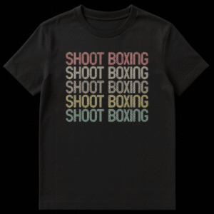 Retro distressed 'SHOOT BOXING' t-shirt with gradient text for combat sports fans on Black t-shirt