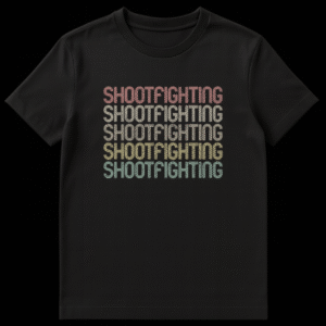 Vintage 'SHOOTFIGHTING' T-Shirt in stacked retro typography with muted colors on black background, appealing to pro wrestling and MMA fans. on Black t-shirt