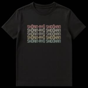 Shōrin-ryū Shidōkan Karate t-shirt with retro striped text and vintage colors on a black background on Black t-shirt
