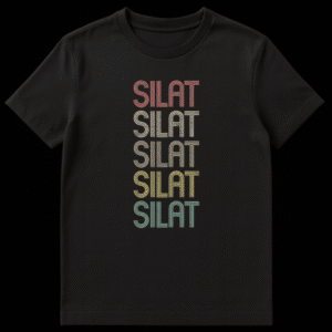 Retro Silat repeated typography t-shirt with faded warm gradient colors on black background, vintage martial arts style on Black t-shirt