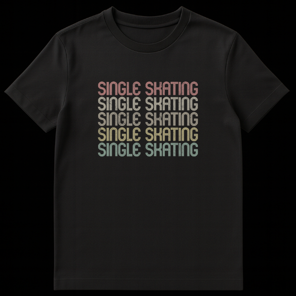 SINGLE SKATING stacked text retro design t-shirt in faded pink, yellow, green, teal colors on black background on Black t-shirt
