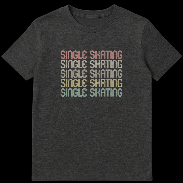 SINGLE SKATING stacked text retro design t-shirt in faded pink, yellow, green, teal colors on black background on Dark Heather t-shirt