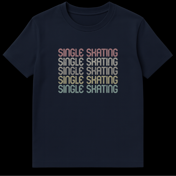 SINGLE SKATING stacked text retro design t-shirt in faded pink, yellow, green, teal colors on black background on Navy Blue t-shirt