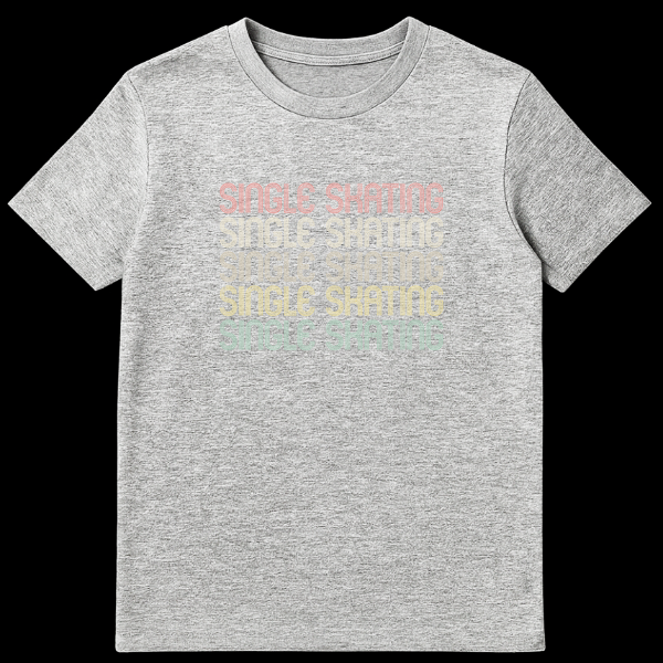 SINGLE SKATING stacked text retro design t-shirt in faded pink, yellow, green, teal colors on black background on Sports Grey t-shirt