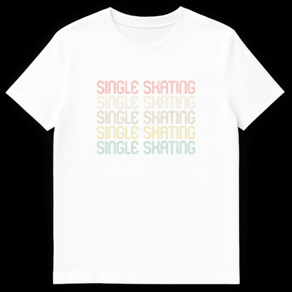 SINGLE SKATING stacked text retro design t-shirt in faded pink, yellow, green, teal colors on black background on White t-shirt