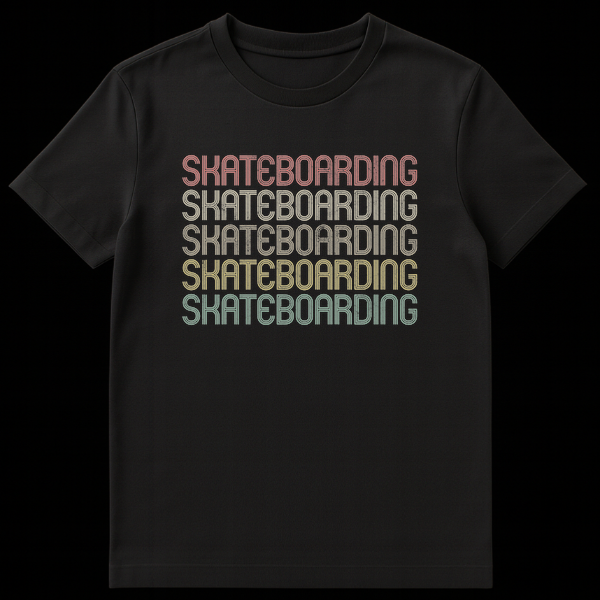 Vintage Retro Skateboarding Word Repeat Gradient Black T-Shirt on Black t-shirt