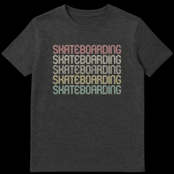 Vintage Retro Skateboarding Word Repeat Gradient Black T-Shirt on Dark Heather t-shirt