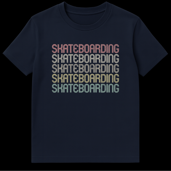 Vintage Retro Skateboarding Word Repeat Gradient Black T-Shirt on Navy Blue t-shirt