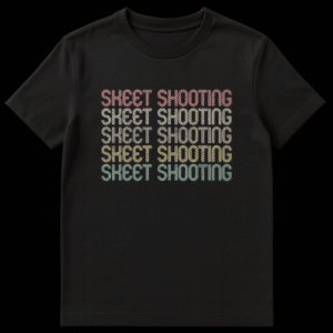 Vintage Skeet Shooting T-Shirt with retro striped text and distressed texture on black background on Black t-shirt