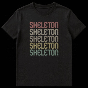 Black t-shirt with 'SKELETON' repeated five times vertically in muted coral, beige, olive green, pale yellow, and seafoam green striped retro typography on Black t-shirt