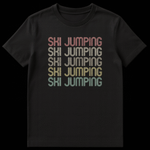 Retro Ski Jumping T-Shirt with repeated distressed text in vintage colors on a black background on Black t-shirt