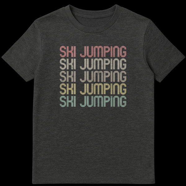Retro Ski Jumping T-Shirt with repeated distressed text in vintage colors on a black background on Dark Heather t-shirt