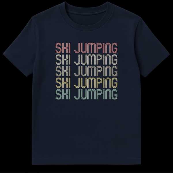 Retro Ski Jumping T-Shirt with repeated distressed text in vintage colors on a black background on Navy Blue t-shirt