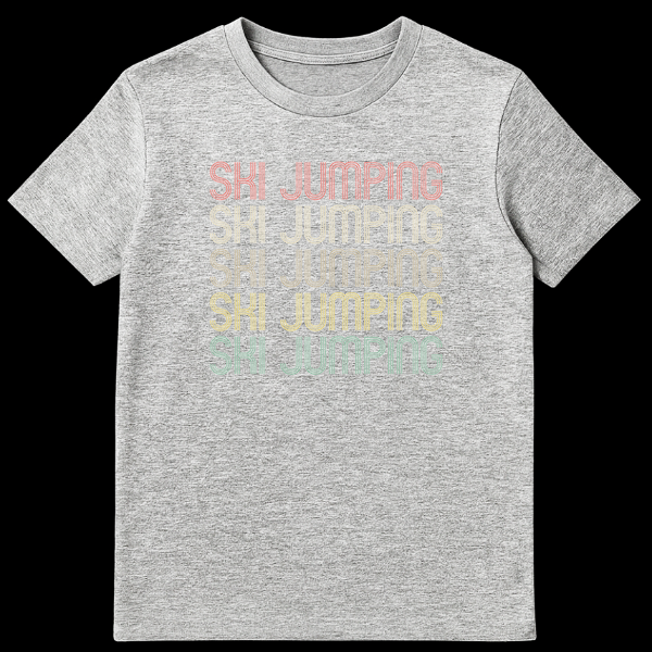 Retro Ski Jumping T-Shirt with repeated distressed text in vintage colors on a black background on Sports Grey t-shirt
