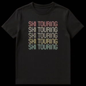 Retro-style t-shirt with repeated 'SKI TOURING' text in a multi-line, distressed font and gradient colors on a black background. on Black t-shirt