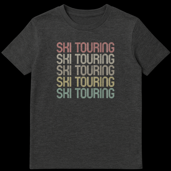 Retro-style t-shirt with repeated 'SKI TOURING' text in a multi-line, distressed font and gradient colors on a black background. on Dark Heather t-shirt