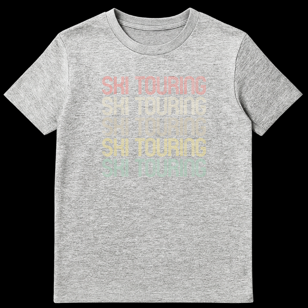 Retro-style t-shirt with repeated 'SKI TOURING' text in a multi-line, distressed font and gradient colors on a black background. on Sports Grey t-shirt