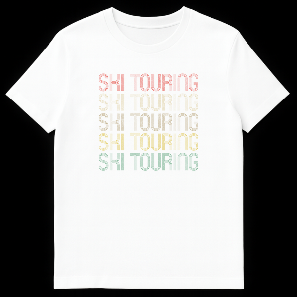 Retro-style t-shirt with repeated 'SKI TOURING' text in a multi-line, distressed font and gradient colors on a black background. on White t-shirt