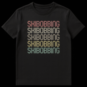 Vintage Skibobbing T-Shirt with repeated retro text and earthy colors on Black t-shirt