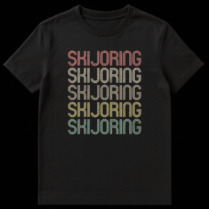 Vintage retro style Skijoring t-shirt with repeated text in striped, distressed font in muted colors on black on Black t-shirt