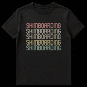 Vintage Skimboarding T-Shirt with repeated 'SKIMBOARDING' text in a gradient of muted colors on a black background. on Black t-shirt