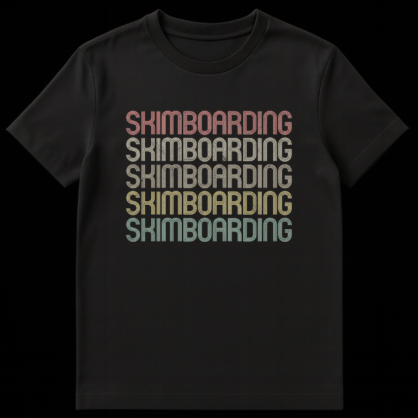 Vintage Skimboarding T-Shirt with repeated 'SKIMBOARDING' text in a gradient of muted colors on a black background. on Black t-shirt