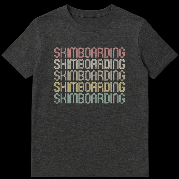 Vintage Skimboarding T-Shirt with repeated 'SKIMBOARDING' text in a gradient of muted colors on a black background. on Dark Heather t-shirt