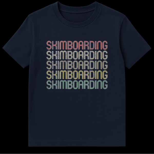 Vintage Skimboarding T-Shirt with repeated 'SKIMBOARDING' text in a gradient of muted colors on a black background. on Navy Blue t-shirt