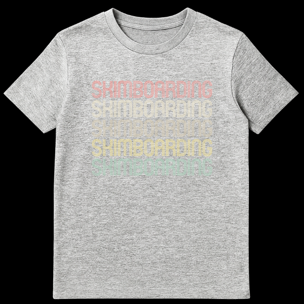Vintage Skimboarding T-Shirt with repeated 'SKIMBOARDING' text in a gradient of muted colors on a black background. on Sports Grey t-shirt