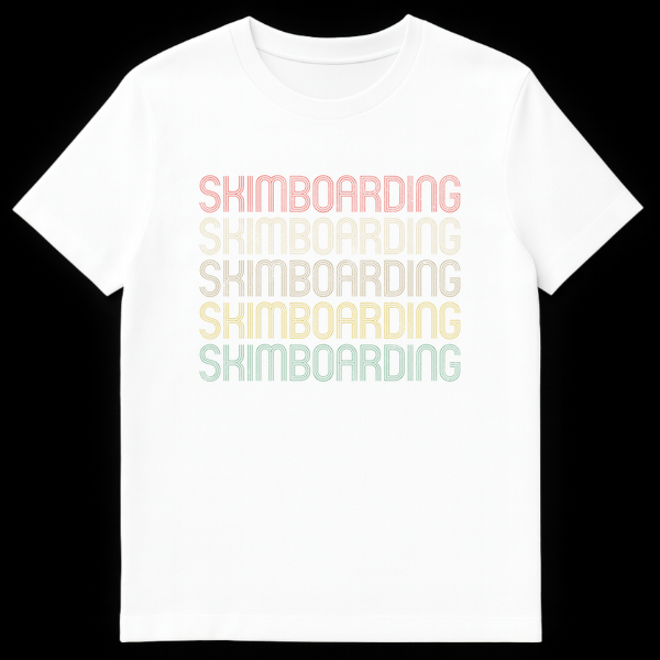 Vintage Skimboarding T-Shirt with repeated 'SKIMBOARDING' text in a gradient of muted colors on a black background. on White t-shirt