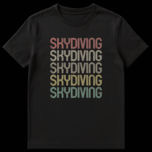 Retro Skydiving Typography T-shirt with vintage 70s-80s gradient text on black on Black t-shirt