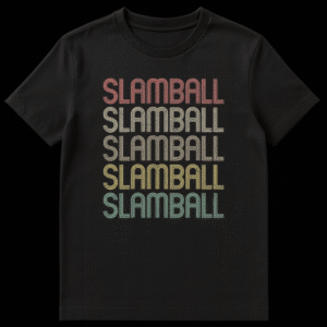 Slamball Fan T-Shirt with repeated Slamball logo in a retro gradient font, vintage sport apparel. on Black t-shirt