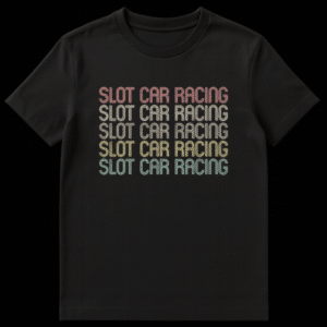 Vintage Slot Car Racing T-Shirt with repeating distressed text in retro 70s/80s colors, perfect for hobbyists and racing enthusiasts. on Black t-shirt