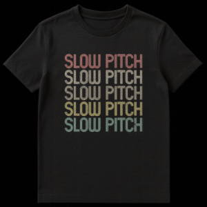 Vintage retro slow pitch softball t-shirt with distressed stacked text in muted colors on a black background on Black t-shirt