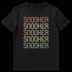 Retro Snooker T-Shirt with stacked, distressed SNOOKER text in vintage colors on a black background on Black t-shirt