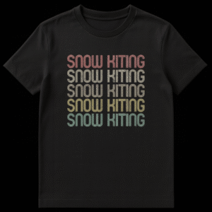 Vintage retro Snow Kiting t-shirt with repeated SNOW KITING text in distressed, multi-colored 70s/80s typography on a black background. on Black t-shirt