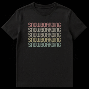 Vintage retro 70s 80s style Snowboarding t-shirt with repeated text in distressed, multi-colored typography on a black background, featuring muted salmon, tan, olive, mustard, and seafoam colors. on Black t-shirt