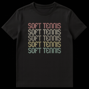 Soft Tennis vintage distressed text t-shirt with muted retro colors on a black background on Black t-shirt