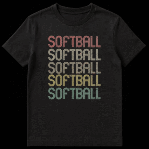 Vintage Stacked Softball T-Shirt in muted multicolor against a black background with distressed retro text. on Black t-shirt