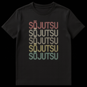 Sōjutsu T-Shirt featuring repeated retro-style text in a faded gradient on a black background, representing Japanese spear martial arts on Black t-shirt