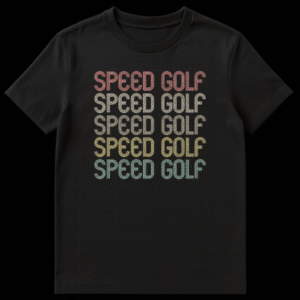Black t-shirt with five lines of 'SPEED GOLF' text in distressed retro typography, each line in a different muted color (red, tan, olive, yellow, teal). on Black t-shirt