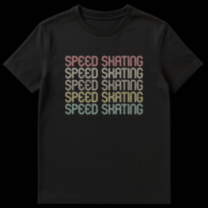 Vintage 70s 80s style speed skating t-shirt with repeated distressed text on Black t-shirt