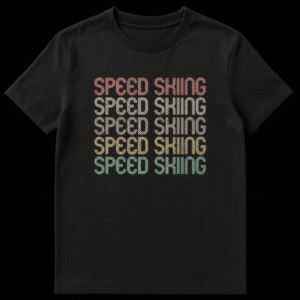 Speed Skiing t-shirt with stacked, retro 'SPEED SKIING' text in muted colors on black background on Black t-shirt