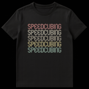 Retro Speedcubing T-Shirt with stacked, distressed text in vintage colors on a black background on Black t-shirt