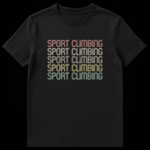 Retro gradient Sport Climbing t-shirt with distressed text for rock climbing enthusiasts on Black t-shirt