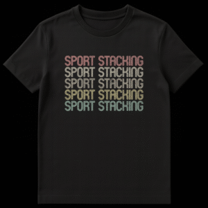 Retro Sport Stacking t-shirt with repeated text in striped, distressed font and sunset colors on black background on Black t-shirt