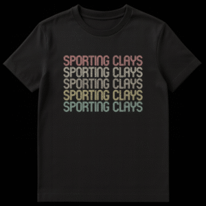 Sporting Clays vintage typography t-shirt with stacked, repeating text in retro colors on a black background on Black t-shirt