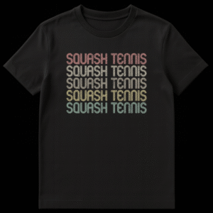 Squash Tennis t-shirt with retro multi-line font and distressed texture in muted colors on a black background on Black t-shirt