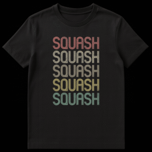 Retro 'SQUASH' repeated word typography t-shirt for squash sport players, featuring distressed texture and muted vintage colors on a black background. on Black t-shirt